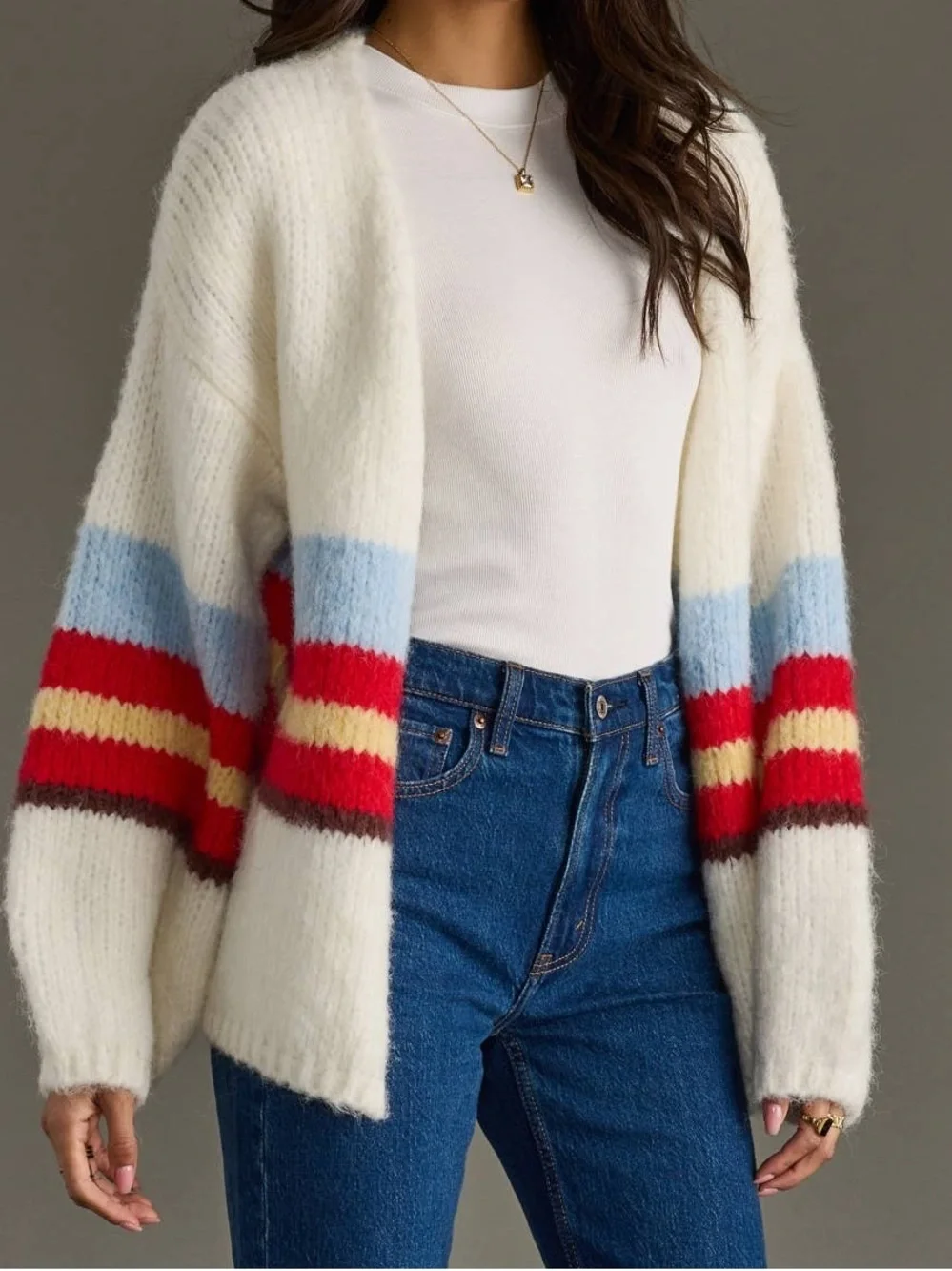 Cozy Striped Open Cardigan - Cream with Red & Blue Accents